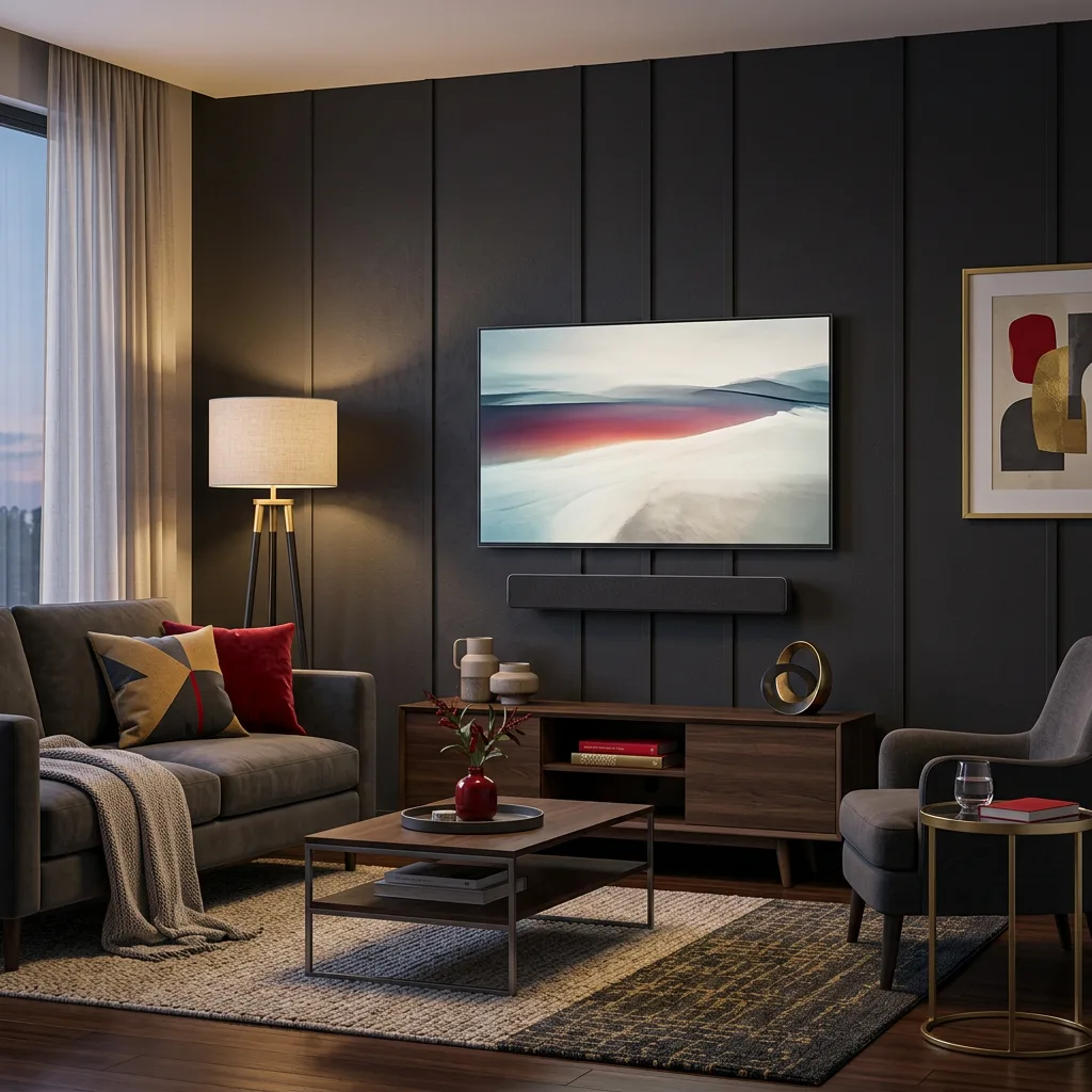Illustration of a living room with a wall-mounted TV and no visible cables