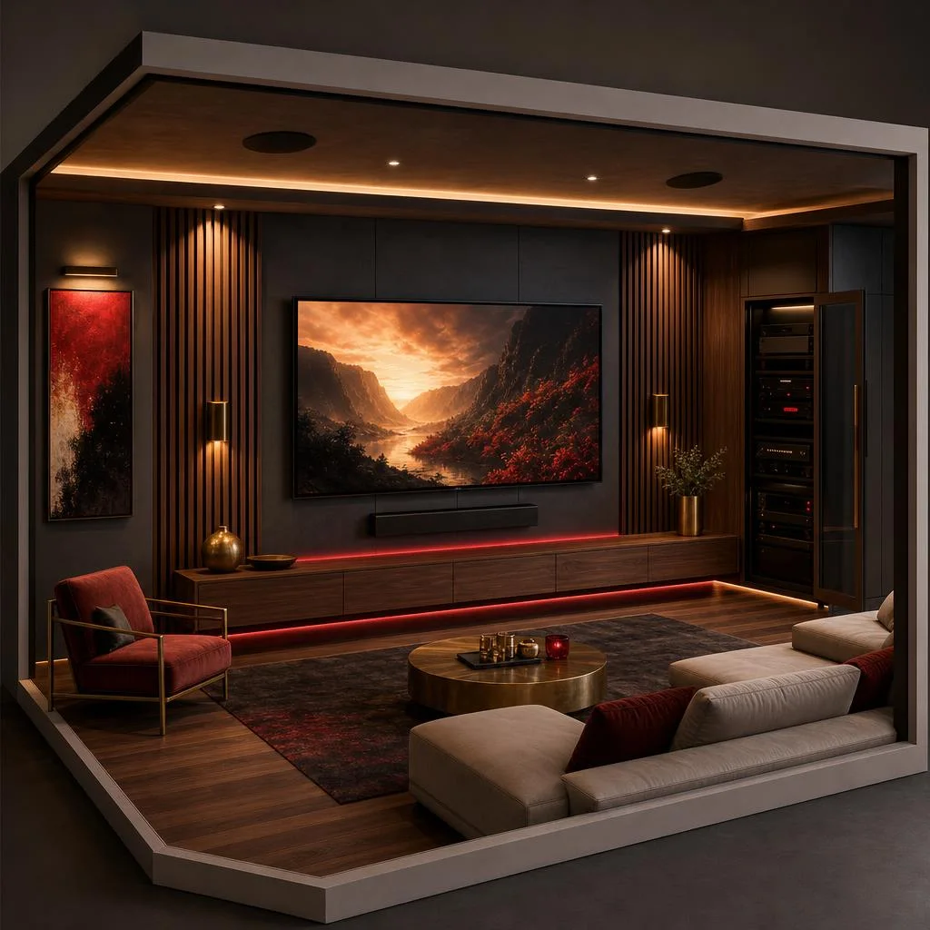 Illustration of a media room with a wall-mounted TV and soundbar